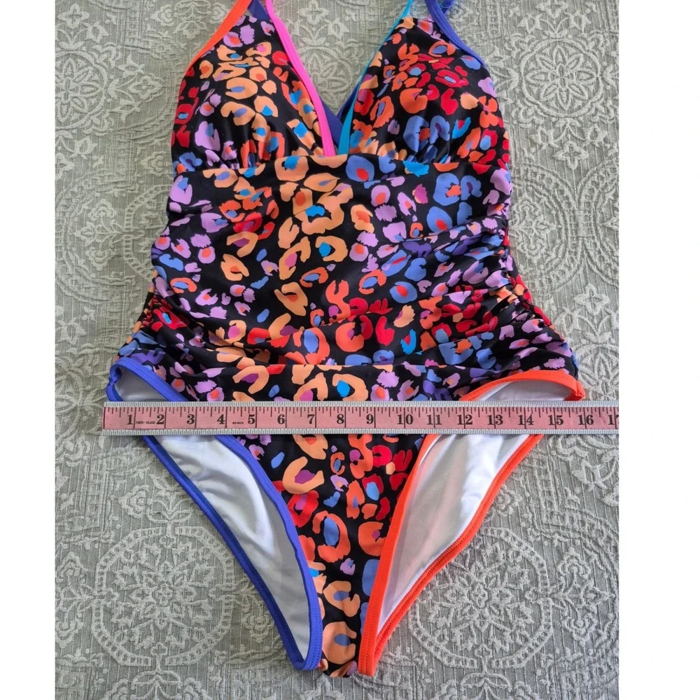 Popvil Womens Multicolor Leopard Print One Piece Swimsuit NWT Size L - Picture 2 of 7